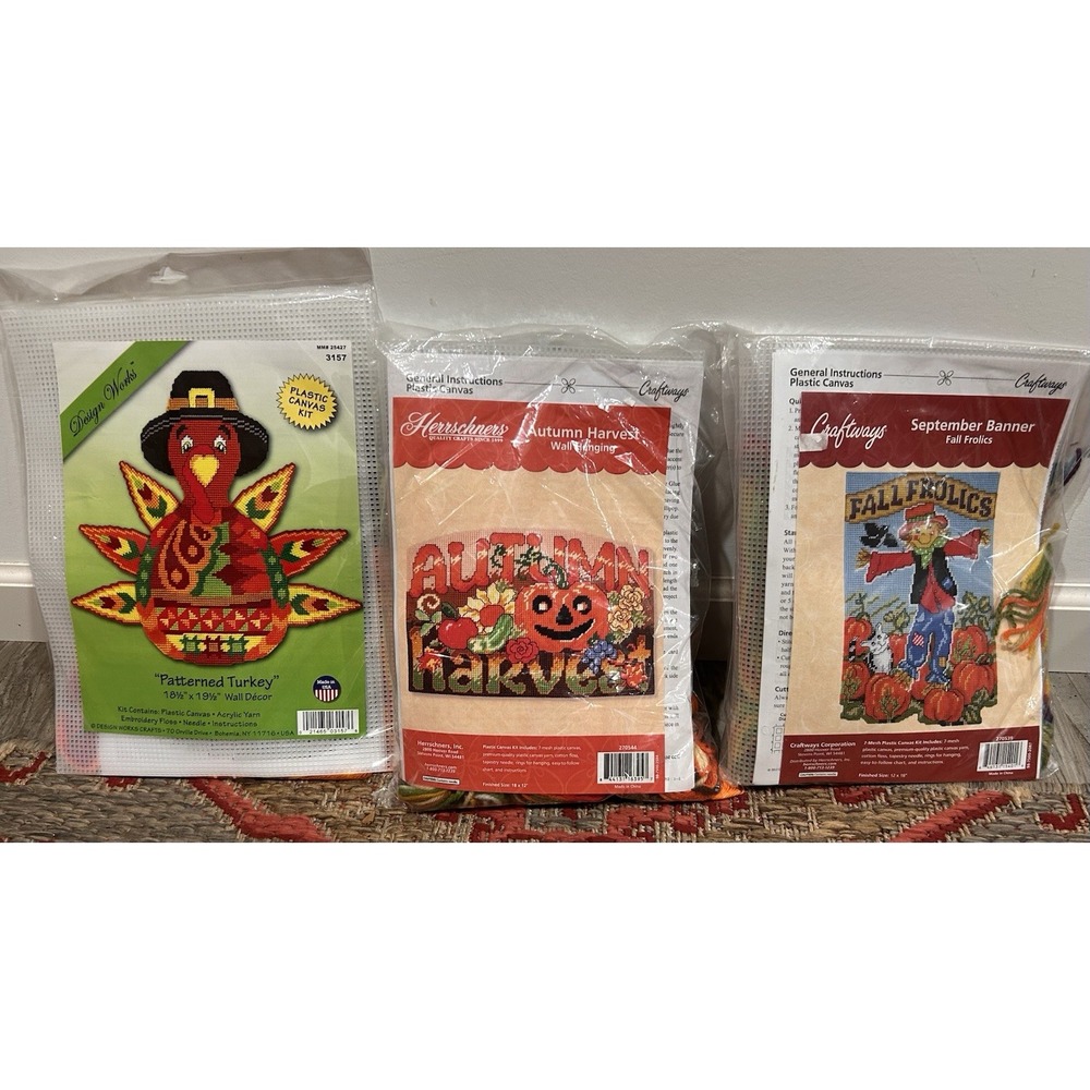 NOS VINTAGE PLASTIC CANVAS KIT FALL LOT OF 3 Turkey Scarecrow Autumn Harvest NEW